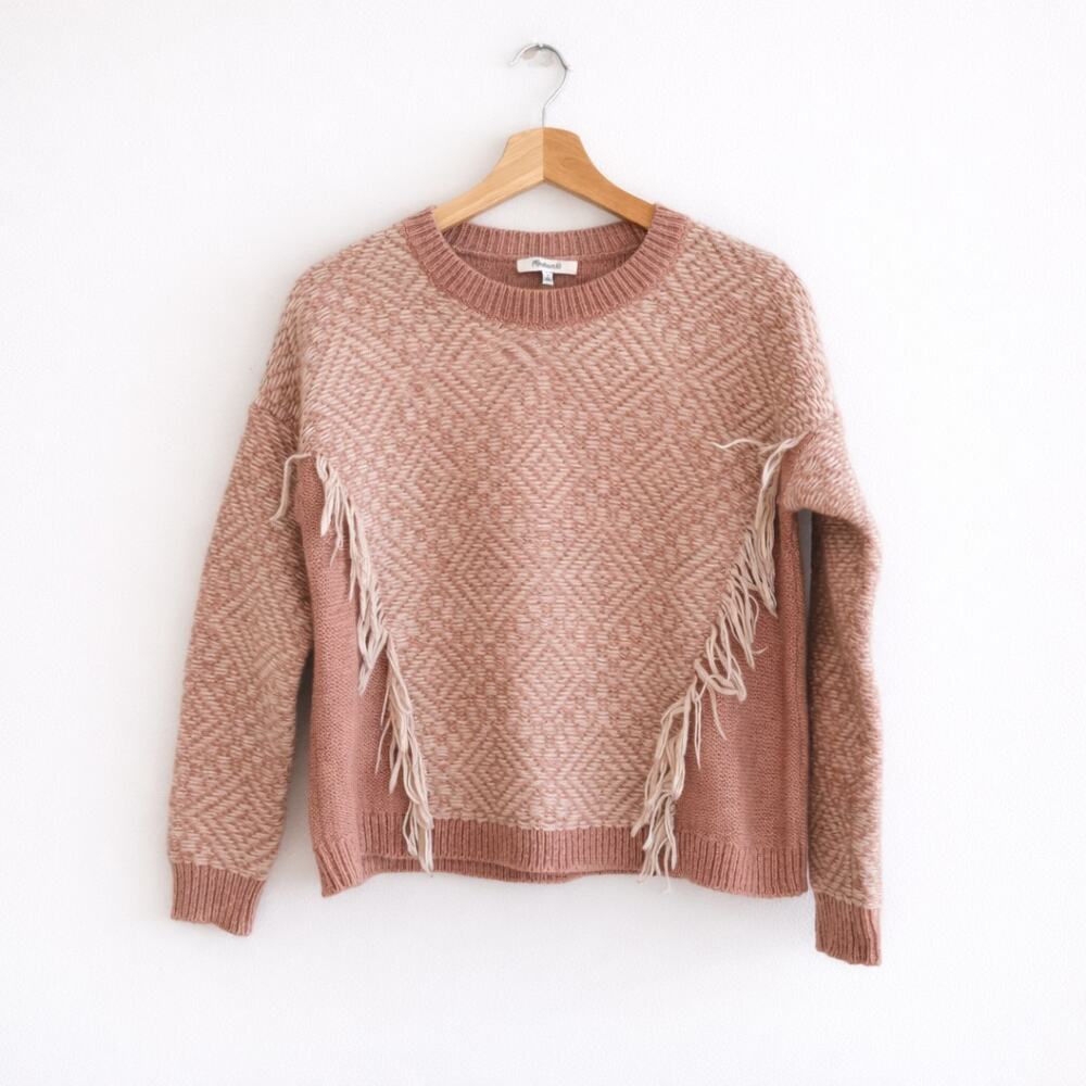 Madewell Fringe Knit Crew Neck Long Sleeve Pullover Sweater Pink M
